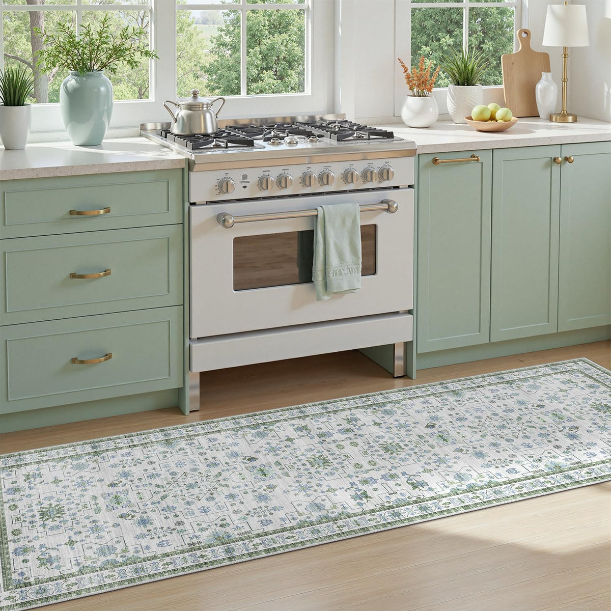 DCX 8x10 Area Rug Living Room: Washable Botanical Carpet Blue and Green