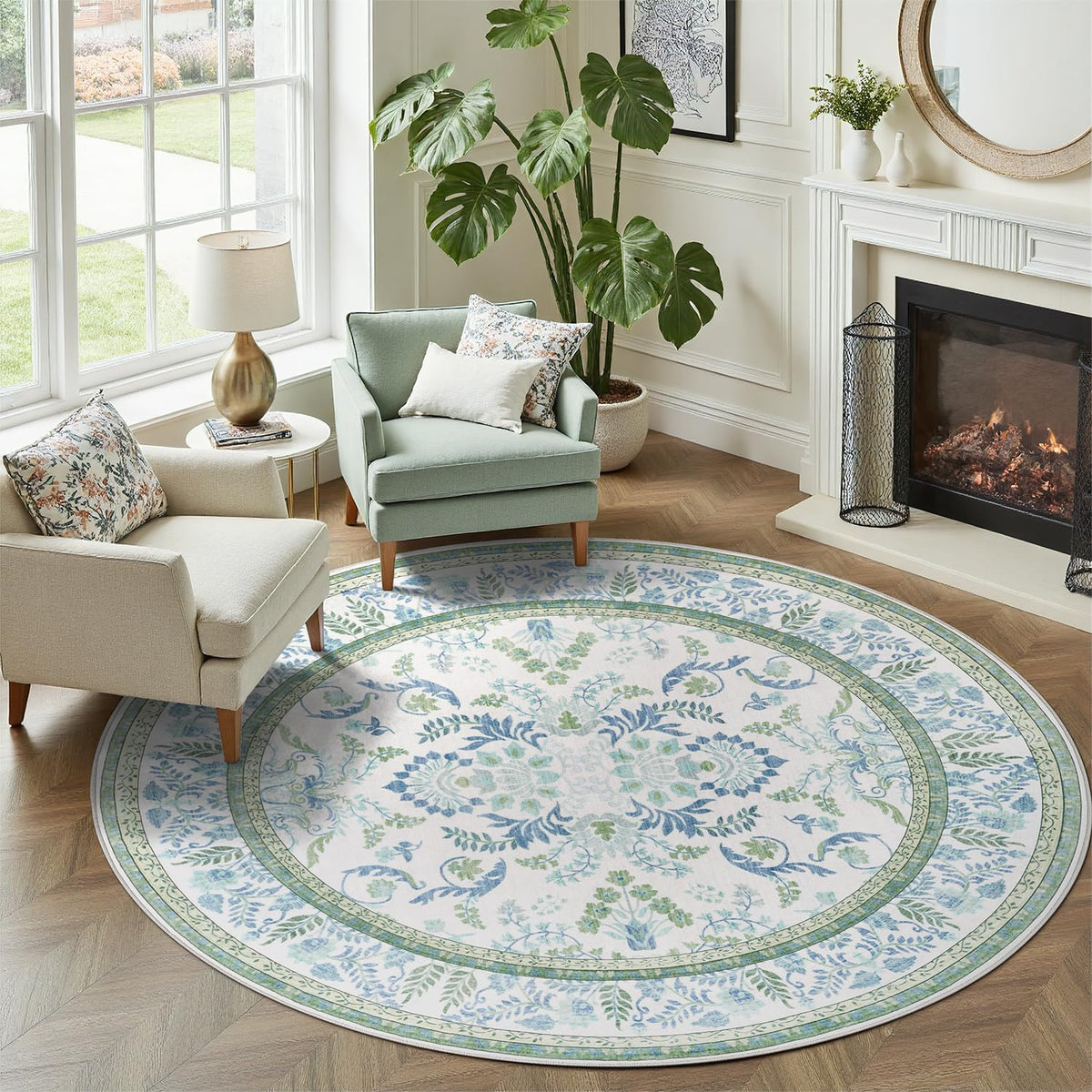DCX 8x10 Area Rug Living Room: Washable Botanical Carpet Blue and Green