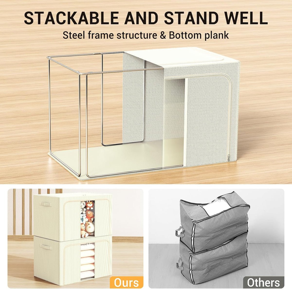 Clothes Storage Bins with Metal Frame, Foldable Clothes Organizers Storage Containers for Clothes, Sheets, Blankets, Pillows and Towels (24L, 3 Pack) Beige