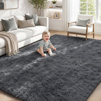 TENGTENGLINK 8x10 Fluffy Shag Area Rug Living Room Bedroom Washable Black