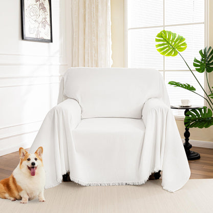 MYSKY HOME Sofa Covers for 2 Cushion Couch L Shaped Couch Cover Washable Couch Cover with Tassels Boho Couch Covers Non Slip Super Universal Soft Sofa Slipcover for Kids, Dogs, Pets, 71"x118", White