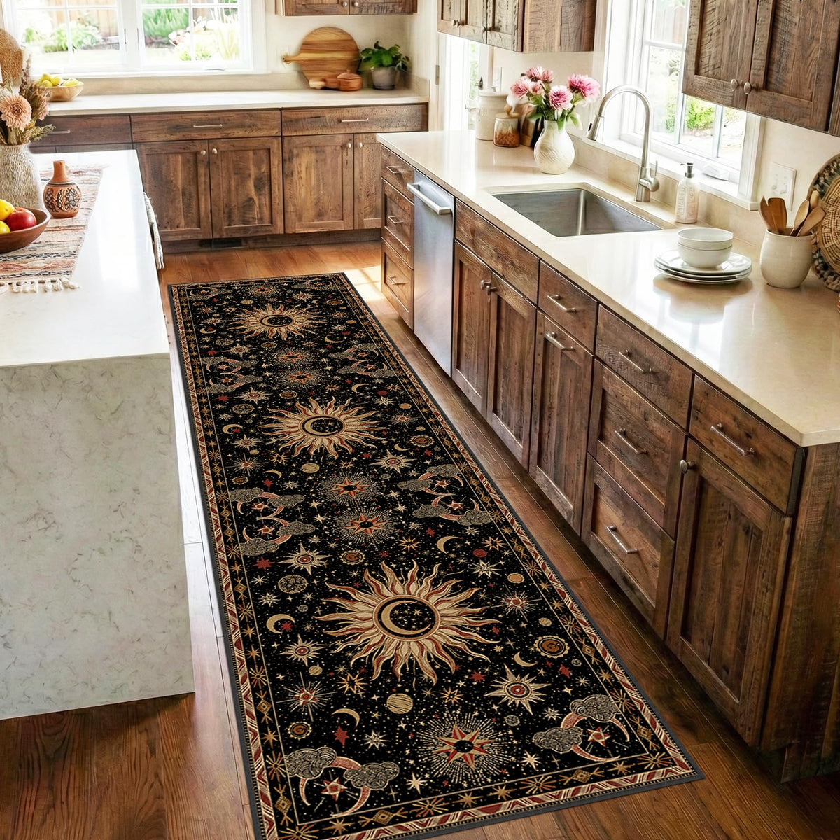 Vacuum-Friendly, 8x10 Washable Area Rug, Black Gold Beige Red