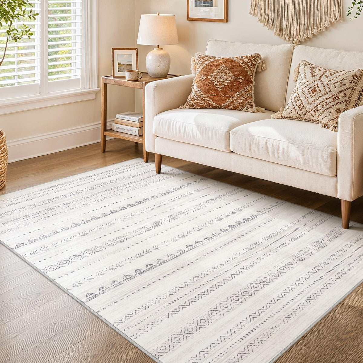 Nakagishi 10X14 Area Rugs for Living Room: Washable Modern Abstract Rug with Non-Slip Silicone Backing Low Pile Soft Carpet for Bedroom & Dining Decor Ideal for Families with Kids and Pets-Brown