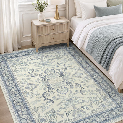 DCX 8x10 Area Rug Living Room: Washable Botanical Carpet Blue and Green