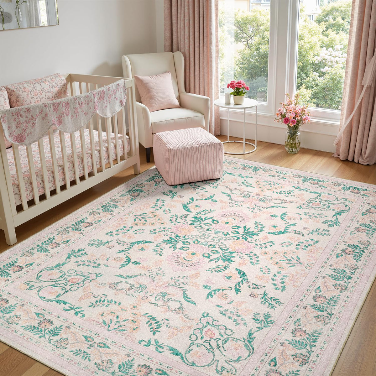 DCX 8x10 Area Rug Living Room: Washable Botanical Carpet Blue and Green