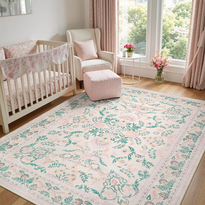 DCX 8x10 Area Rug Living Room: Washable Botanical Carpet Blue and Green