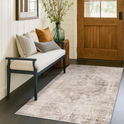 Farmhouse 8x10 Washable Area Rugs for Living Room, Neutral Taupe Brown Abstract Rug for Dining Room and Bedroom, Soft Foldable Low Pile Carpet, Stain Resistant Non-Slip Backing, Distressed Design