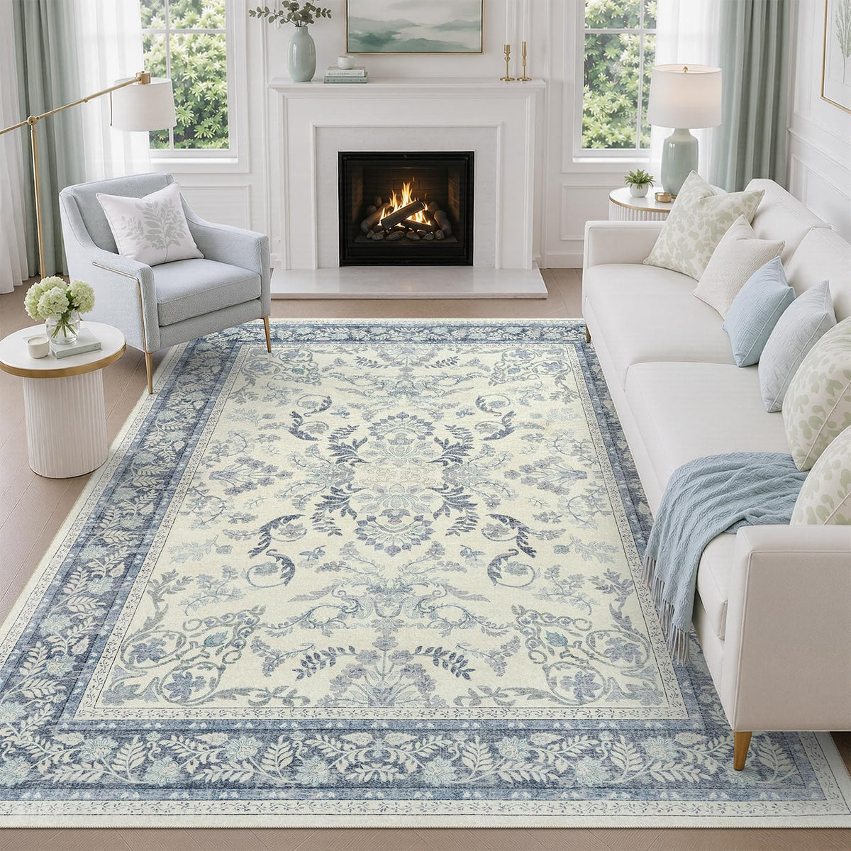 DCX 8x10 Area Rug Living Room: Washable Botanical Carpet Blue and Green