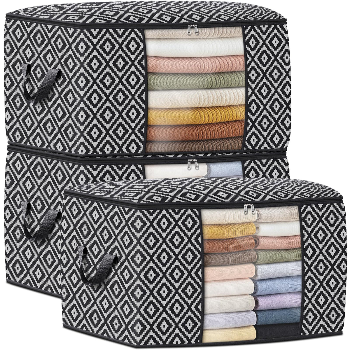 100L 3 Pack Storage Bags, Foldable Clothes Bins with Clear Window, Gray