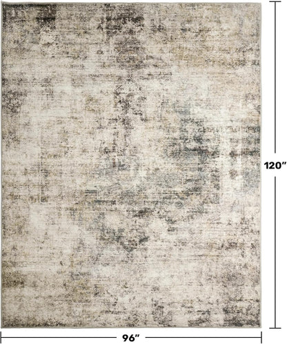 Farmhouse 8x10 Washable Area Rugs for Living Room, Neutral Taupe Brown Abstract Rug for Dining Room and Bedroom, Soft Foldable Low Pile Carpet, Stain Resistant Non-Slip Backing, Distressed Design