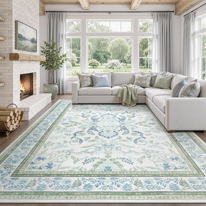 DCX 8x10 Area Rug Living Room: Washable Botanical Carpet Blue and Green