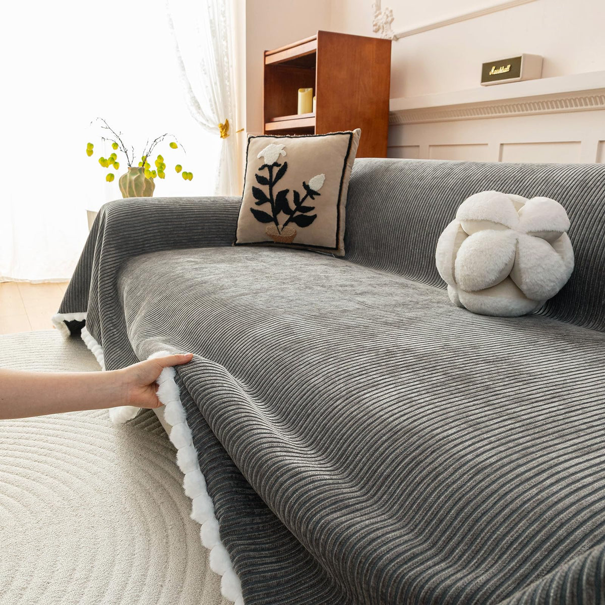 HANDONTIME Green Sofa Cover Vintage Couch Cover for Dogs 91" X150" Couch Cushion Covers with Tassel Herringbone Sofa Cover Boho Sofa Covers for 3 Cushion Couch Chenille Soft Loveseat Sofa Covers