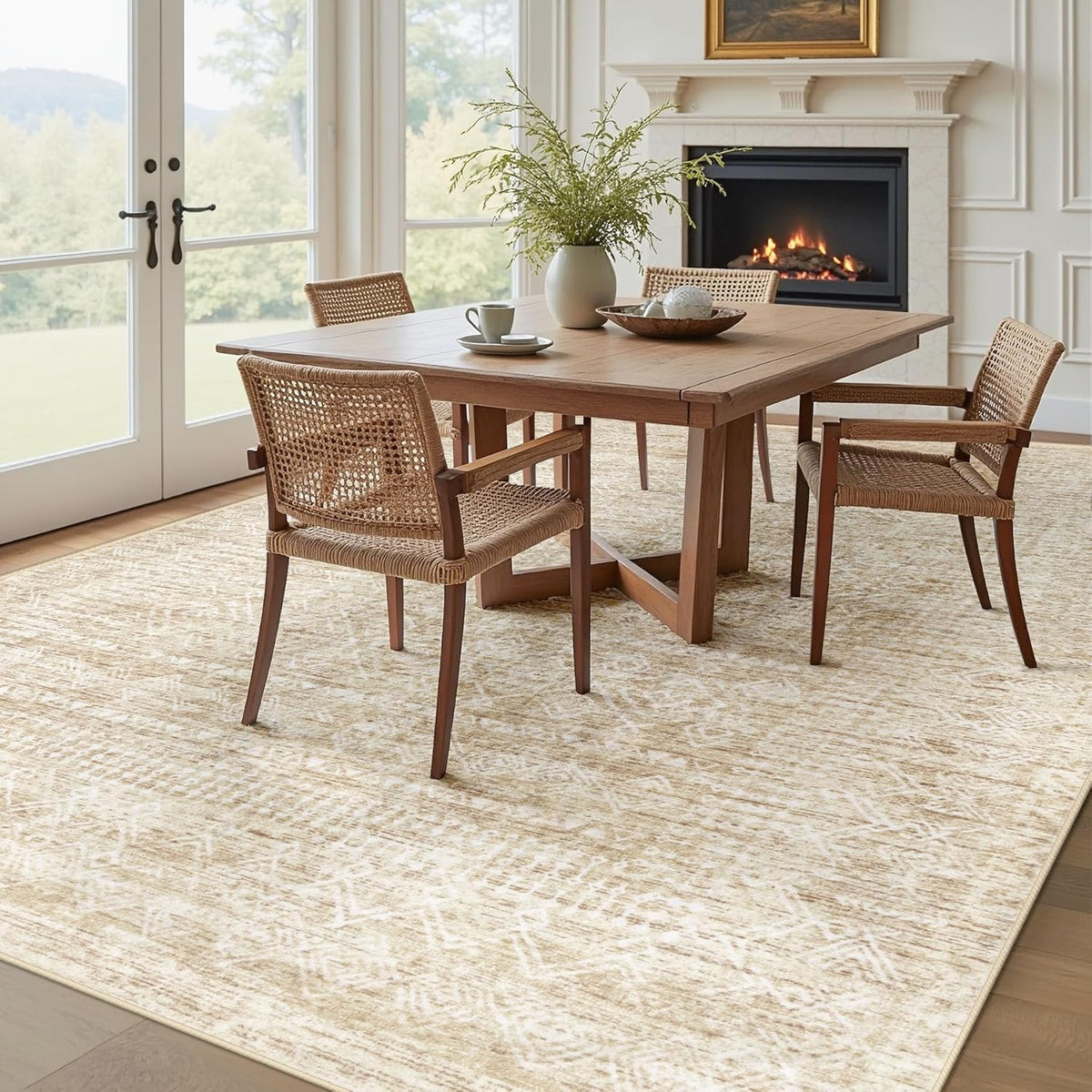 Living Room Rugs 8x10: Washable Moroccan Geometric Boho Rug Farmhouse Non Slip Stain Resistant Large Rug Low Pile Soft Carpet for Bedroom Dining Room Children Room (Beige,8'x10')