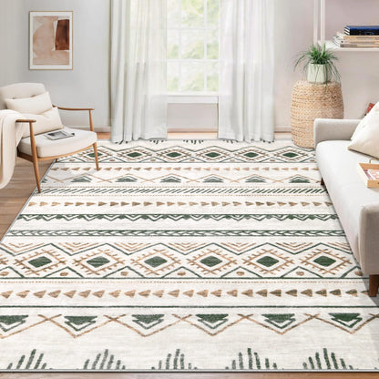 Area Rug Living Room Rugs 8x10 - Large Soft Boho Geometric Rug, Non-Slip Foldable Washable Rugs Non Shedding Morden Indoor Floor Carpet for Living Room Bedroom Office Dining Room(Brown Green,8'x10')