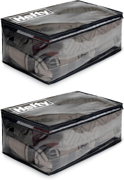 Hefty Storage Bags Extra Large Double Zipper Backpack, Heavy Duty Water Resistant Moving Totes with Shoulder Straps, Foldable Reusable Packing Organizers, 2 Pack (X-Large Black)