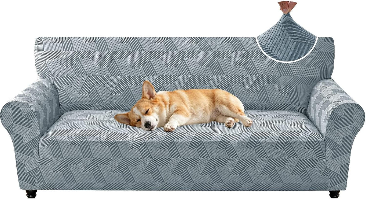 ZNSAYOTX Stretch Couch Covers for 3 Cushion Couch, 1-Piece Sofa Cover Slipcover Pet Friendly, Furniture Protector with Elastic Bottom for Dogs Geometrical Jacquard Fabric (Large, Light Grey)