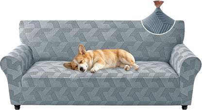 ZNSAYOTX Stretch Couch Covers for 3 Cushion Couch, 1-Piece Sofa Cover Slipcover Pet Friendly, Furniture Protector with Elastic Bottom for Dogs Geometrical Jacquard Fabric (Large, Light Grey)