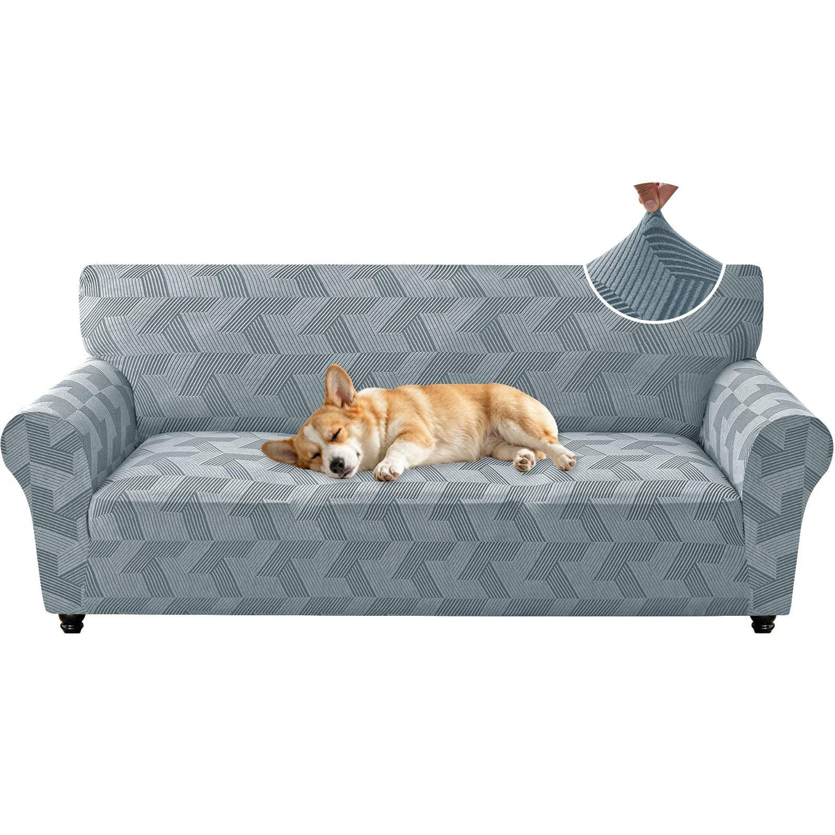 ZNSAYOTX Stretch Couch Covers for 3 Cushion Couch, 1-Piece Sofa Cover Slipcover Pet Friendly, Furniture Protector with Elastic Bottom for Dogs Geometrical Jacquard Fabric (Large, Light Grey)