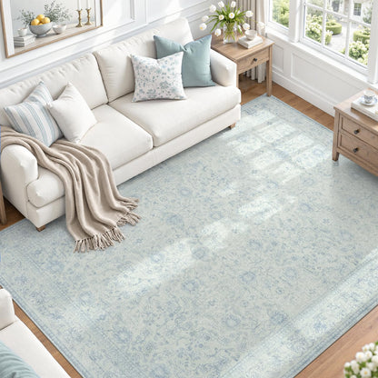 DCX 8x10 Area Rug Living Room: Washable Botanical Carpet Blue and Green