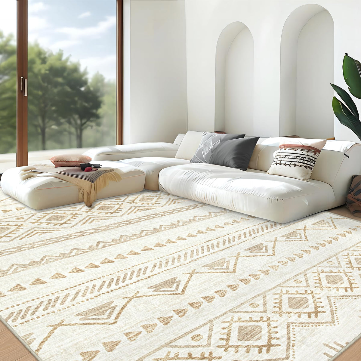 Area Rug Living Room Rugs 8x10 - Large Soft Boho Geometric Rug, Non-Slip Foldable Washable Rugs Non Shedding Morden Indoor Floor Carpet for Living Room Bedroom Office Dining Room(Brown Green,8'x10')