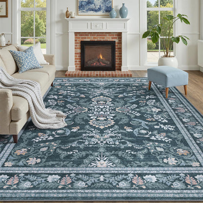DCX 8x10 Area Rug Living Room: Washable Botanical Carpet Blue and Green