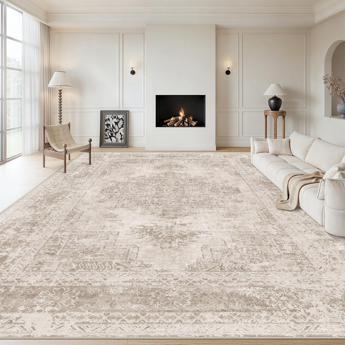 XLUEZ Area Rug 8x10 Living Room Rug, Machine Washable Vintage Distressed Medallion Rug Non-Slip Soft Low Pile Large Indoor Rugs for Bedroom Dining Room Office Children's Room (Beige,8'x10')