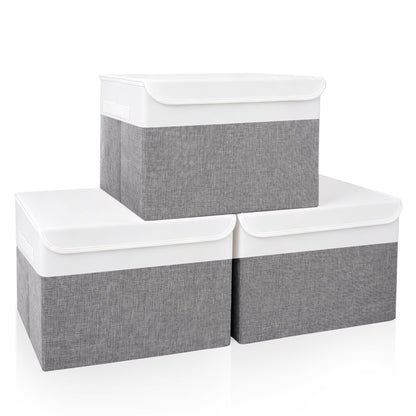 Bagnizer Large 17" 42 Quarts Collapsible Stackable Storage Bins with Lids [3-Pack] Foldable Fabric Linen Storage Boxes Cube, Closet Organizer Baskets with Label for Home (16.7 x 12 x 12, Gray)