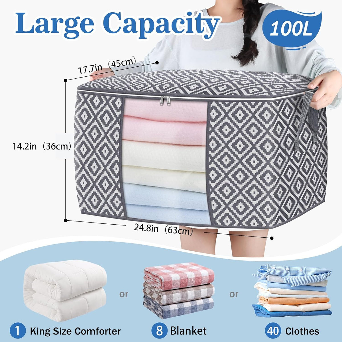100L 3 Pack Storage Bags, Foldable Clothes Bins with Clear Window, Gray