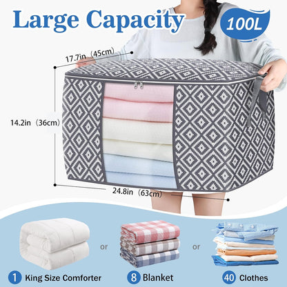 100L 3 Pack Storage Bags, Foldable Clothes Bins with Clear Window, Gray