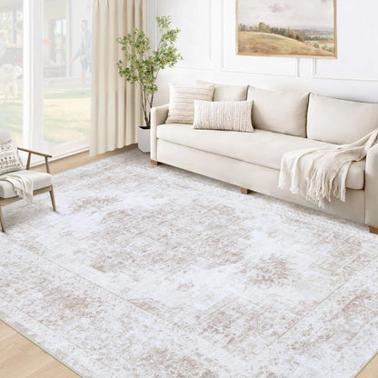 XLUEZ Area Rug 8x10 Living Room Rug, Machine Washable Vintage Distressed Medallion Rug Non-Slip Soft Low Pile Large Indoor Rugs for Bedroom Dining Room Office Children's Room (Beige,8'x10')