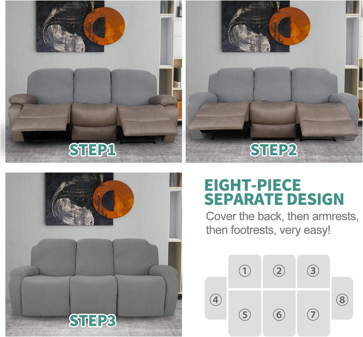 YEMYHOM 8 Pieces Stretch Recliner Sofa Cover Latest Jacquard Reclining Couch Cover with Side Pocket Anti-Slip Fitted 3 Cushion Furniture Slipcovers with Elastic Bottom (Sofa Recliner, Light Gray)