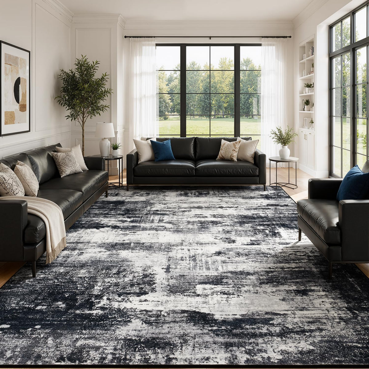 Living Room Rug 5x7, Washable Modern Abstract Rugs Black and White