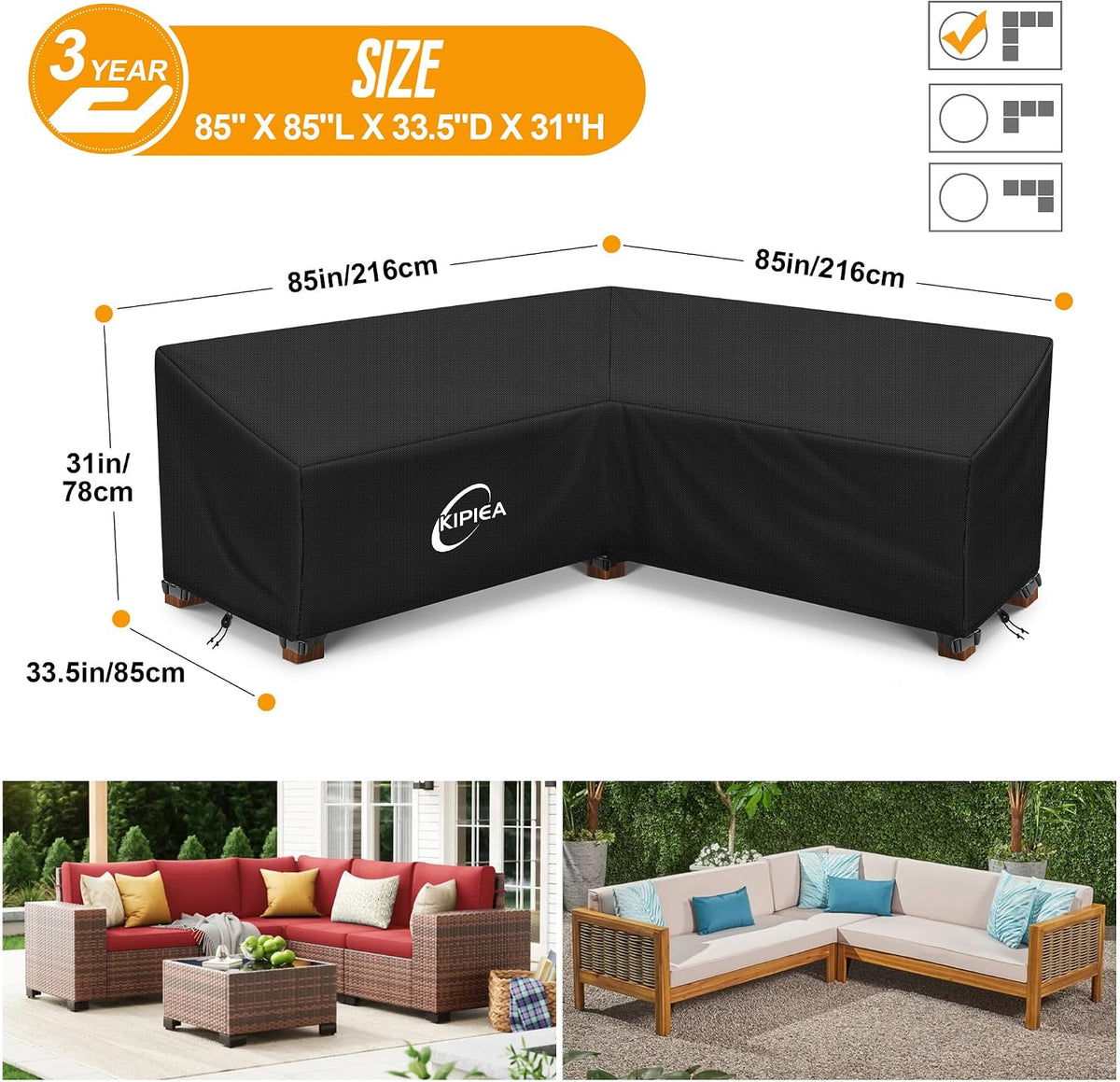 Kipiea Patio V-Shaped Sectional Sofa Cover, 420D Heavy-Duty Oxford Fabric Outdoor Sectional Cover with 6 Windproof Buckles, Anti UV and No Tears, No Fading (85"/85" L x 33.5" D x 31" H) Black