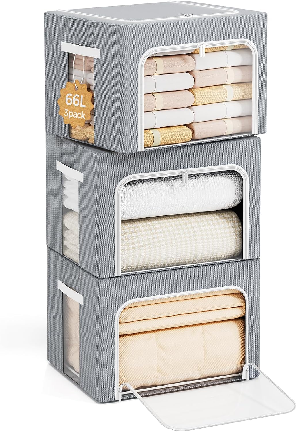 Yecaye 3-Pack 66L Clothes Storage Bins, Storage Bags for Clothes, Grey