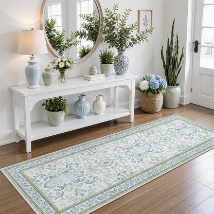 DCX 8x10 Area Rug Living Room: Washable Botanical Carpet Blue and Green