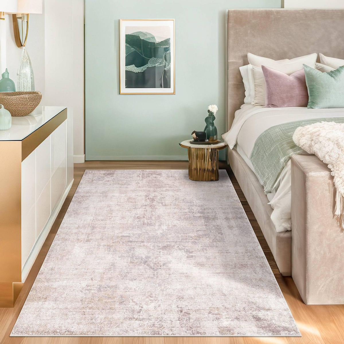 Farmhouse 8x10 Washable Area Rugs for Living Room, Neutral Taupe Brown Abstract Rug for Dining Room and Bedroom, Soft Foldable Low Pile Carpet, Stain Resistant Non-Slip Backing, Distressed Design