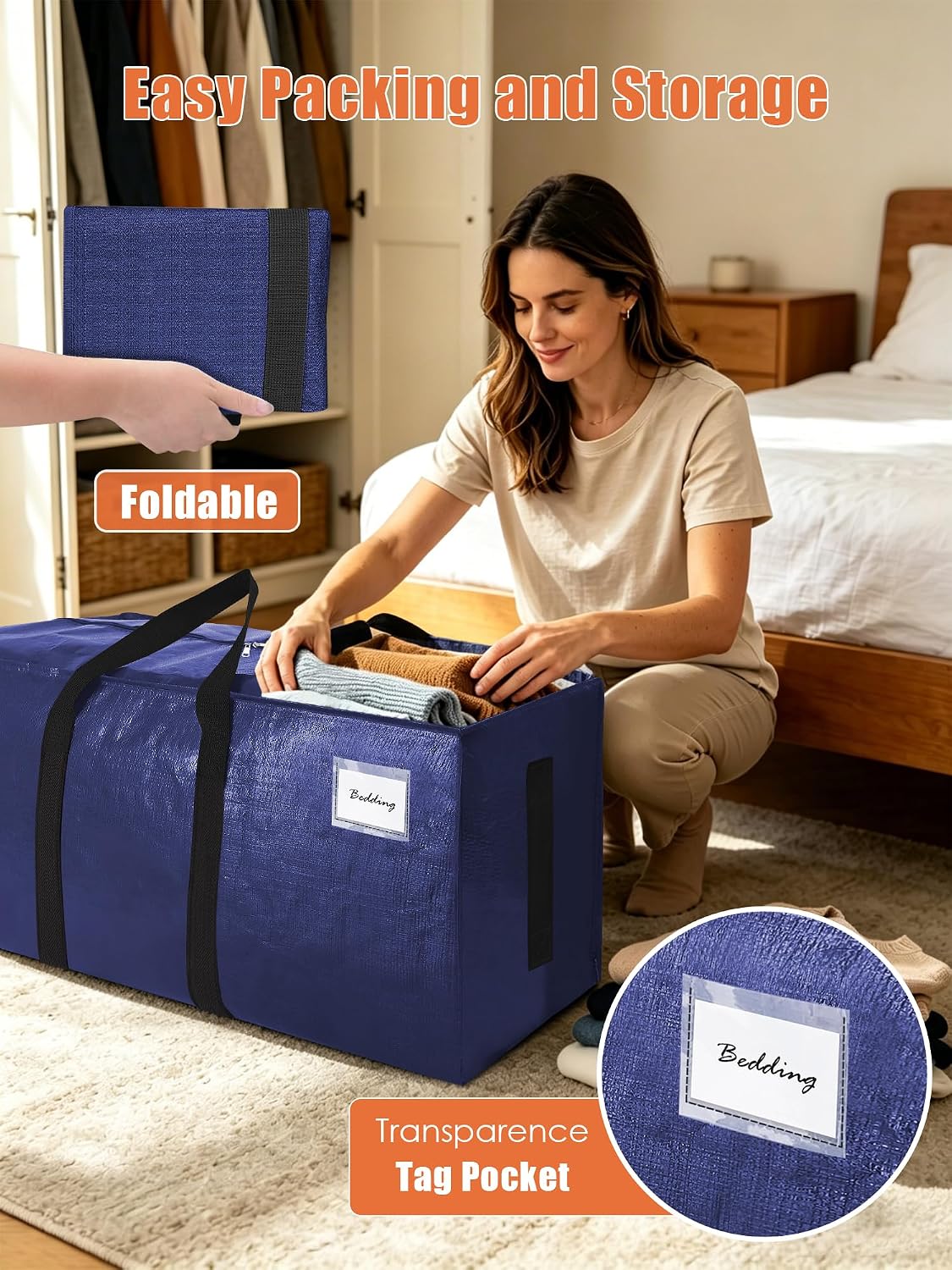 SWEET DOLPHIN 8 Pack 200LB Heavy-Duty Moving Bags with Wrap-Around Handles, Extra Large Storage Totes for Space Saving, Clothes Storage Bags, College Dorm Essentials, Blue, 24 Gal