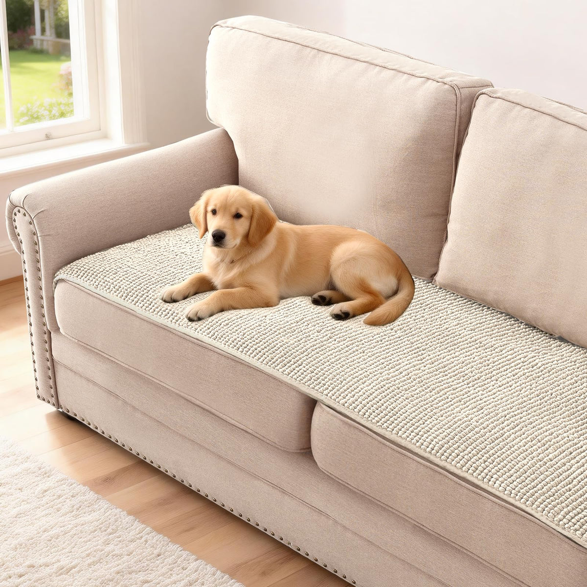 H.VERSAILTEX Plush Chenille Dog Bed Cover Thick Soft Sofa Cover for 3 Cushion Couch Anti Slip Couch Cover Furniture Protector for Dog, Pet, Cat (35" x 82", Ivory)