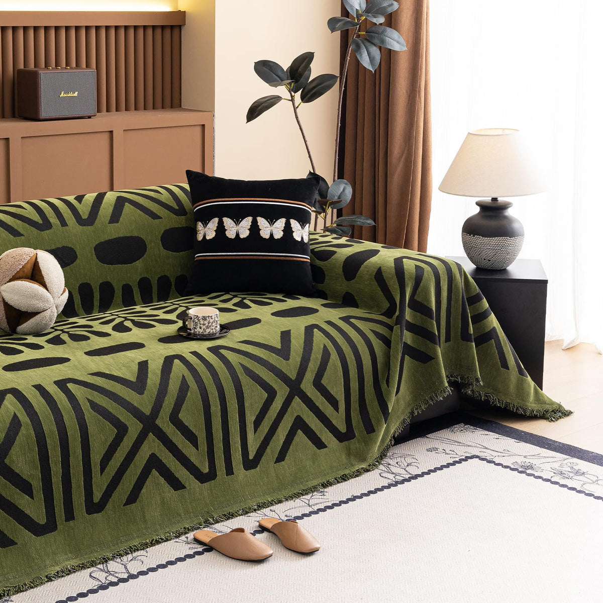 HANDONTIME Green Sofa Cover Vintage Couch Cover for Dogs 91" X150" Couch Cushion Covers with Tassel Herringbone Sofa Cover Boho Sofa Covers for 3 Cushion Couch Chenille Soft Loveseat Sofa Covers
