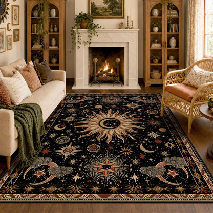 Vacuum-Friendly, 8x10 Washable Area Rug, Black Gold Beige Red