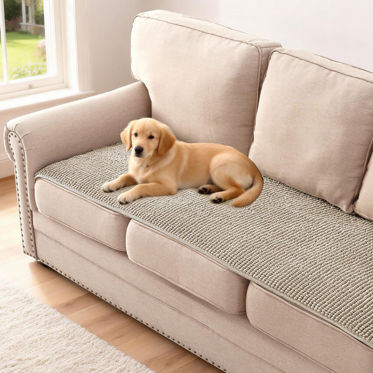 H.VERSAILTEX Plush Chenille Dog Bed Cover Thick Soft Sofa Cover for 3 Cushion Couch Anti Slip Couch Cover Furniture Protector for Dog, Pet, Cat (35" x 82", Ivory)
