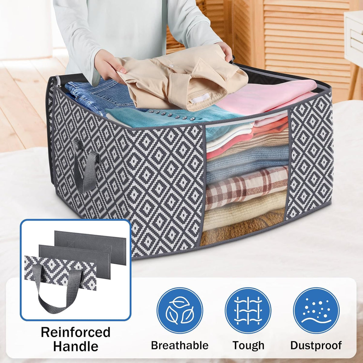 100L 3 Pack Storage Bags, Foldable Clothes Bins with Clear Window, Gray