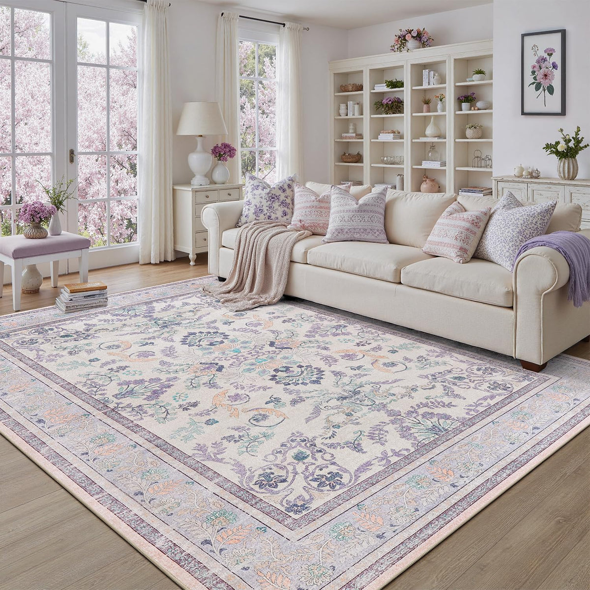 DCX 8x10 Area Rug Living Room: Washable Botanical Carpet Blue and Green