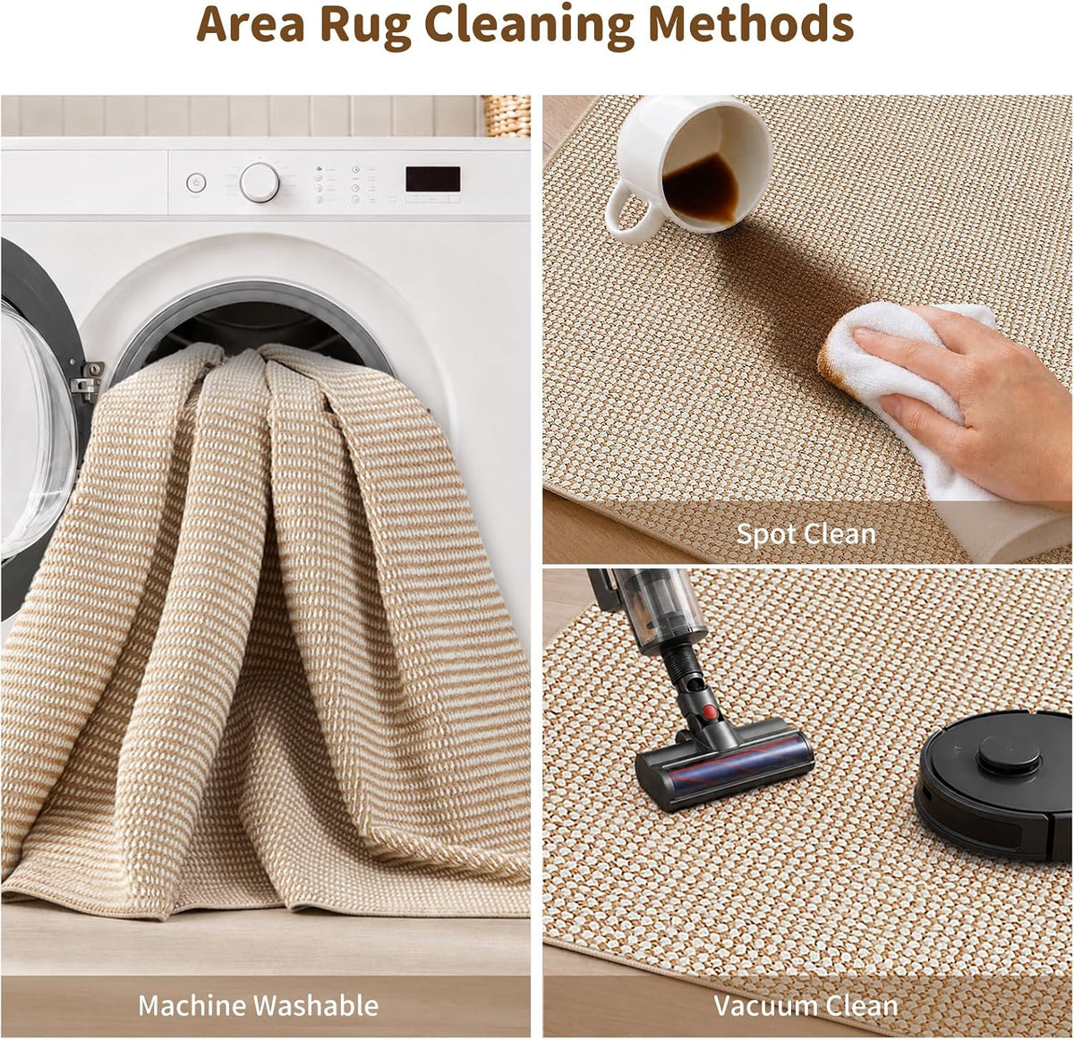Goyuu Area Rug 8x10, Machine Washable Rug, Faux Wool Blend, Natural Ivory