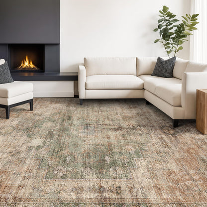Farmhouse 8x10 Washable Area Rugs for Living Room, Neutral Taupe Brown Abstract Rug for Dining Room and Bedroom, Soft Foldable Low Pile Carpet, Stain Resistant Non-Slip Backing, Distressed Design