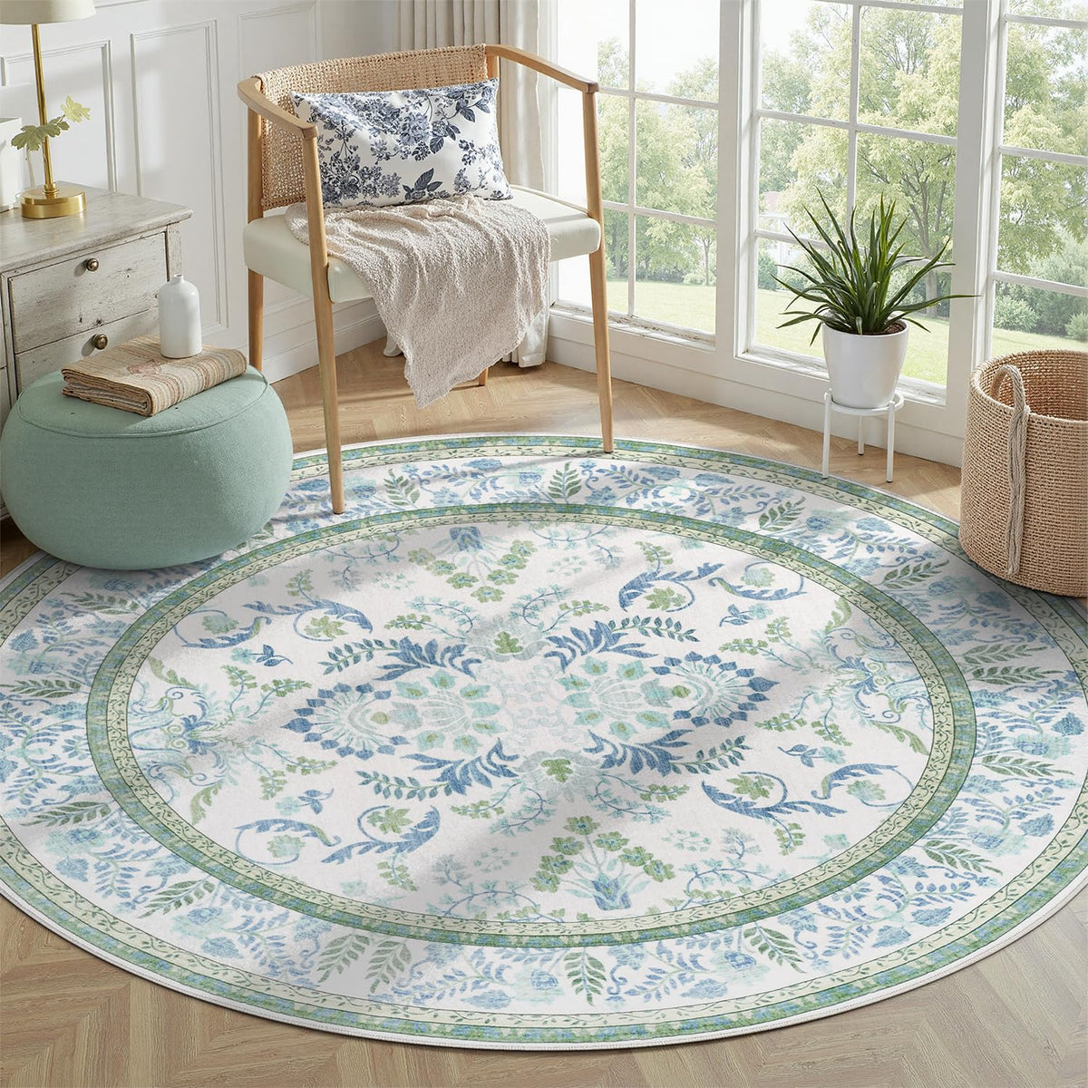 DCX 8x10 Area Rug Living Room: Washable Botanical Carpet Blue and Green