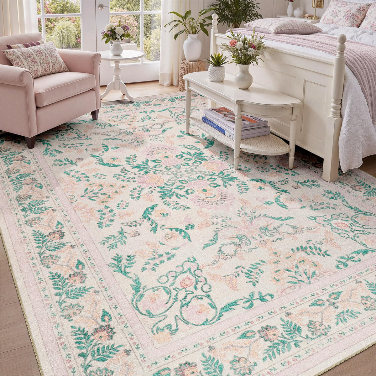 DCX 8x10 Area Rug Living Room: Washable Botanical Carpet Blue and Green
