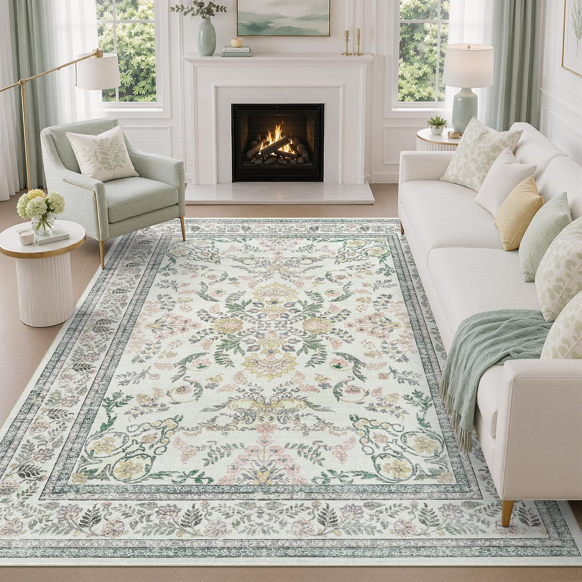 DCX 8x10 Area Rug Living Room: Washable Botanical Carpet Blue and Green