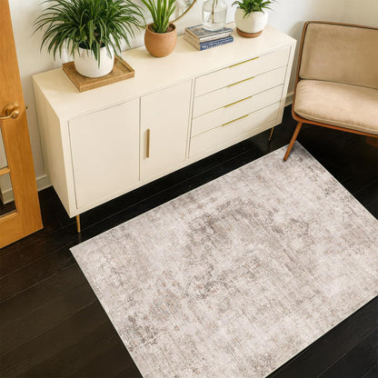 Farmhouse 8x10 Washable Area Rugs for Living Room, Neutral Taupe Brown Abstract Rug for Dining Room and Bedroom, Soft Foldable Low Pile Carpet, Stain Resistant Non-Slip Backing, Distressed Design