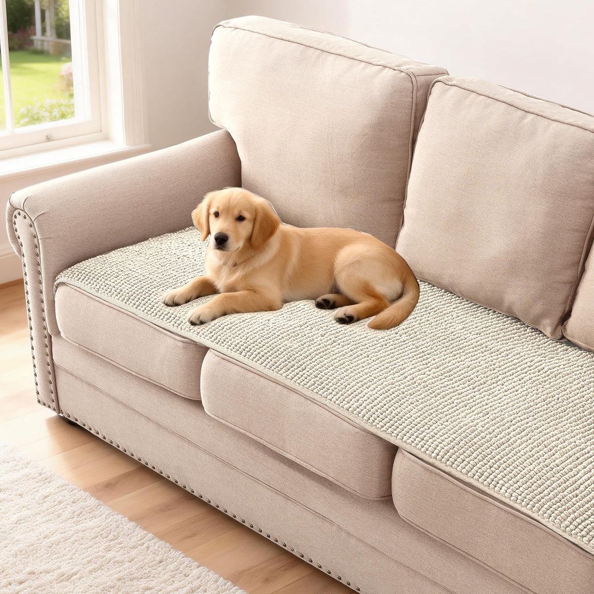 H.VERSAILTEX Plush Chenille Dog Bed Cover Thick Soft Sofa Cover for 3 Cushion Couch Anti Slip Couch Cover Furniture Protector for Dog, Pet, Cat (35" x 82", Ivory)